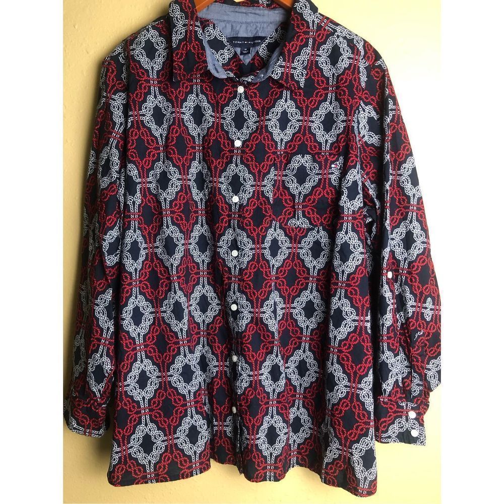 TOMMY HILFIGER Navy w/ Red & White Knotted Rope Print Tabbed Sleeve Shirt Sz 1X - Picture 2 of 13